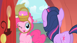 Size: 1280x720 | Tagged: safe, screencap, pinkie pie, twilight sparkle, pony, unicorn, g4, party of one, basket, basket hat, butt, candle, door, duo, female, hat, mare, one eye closed, plot, smiling, wink