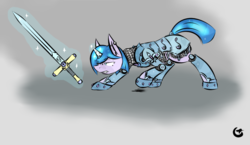 Size: 899x520 | Tagged: safe, artist:cantershirecommons, oc, oc only, oc:sildergale, crystal pony, pony, unicorn, armor, colored, crystal guard, crystal guard armor, female, guard, mare, solo, sword, weapon