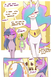 Size: 1280x1920 | Tagged: safe, artist:cold-blooded-twilight, princess celestia, spike, twilight sparkle, alicorn, pony, unicorn, cold blooded twilight, comic:cold storm, g4, blushing, both cutie marks, explicit source, flashback, sunbutt, unicorn twilight, we don't normally wear clothes