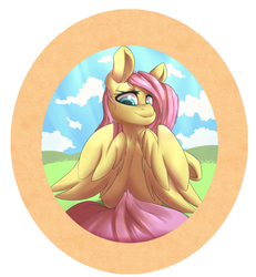 Size: 1600x1732 | Tagged: safe, artist:sourspot, fluttershy, pegasus, pony, g4, female, looking at you, looking back, looking back at you, mare, outdoors, raised hoof, rear view, sitting, solo, wings