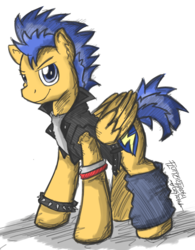 Size: 1158x1488 | Tagged: safe, artist:flutterthrash, flash sentry, g4, bracelet, clothes, equestria girls outfit, heavy metal, jacket, leather jacket, leg warmers, male, solo, spiked wristband