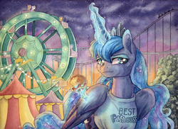 Size: 1024x744 | Tagged: safe, artist:the-wizard-of-art, fluttershy, princess luna, scootaloo, sweetie belle, alicorn, pony, g4, best princess, carnival, clothes, commission, female, ferris wheel, magic, magic shirt, mare, traditional art, truth, watercolor painting