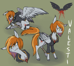 Size: 1400x1250 | Tagged: safe, artist:howlingvoice, oc, oc only, oc:valesti, pegasus, pony, bandage, edgy, female, heterochromia, reference sheet, solo