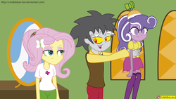 Size: 1920x1080 | Tagged: safe, artist:conikiblasu-fan, discord, fluttershy, screwball, fanfic:daughter of discord, equestria girls, g4, equestria girls-ified, female, male, ship:discoshy, shipping, straight