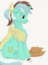 Size: 1536x2048 | Tagged: safe, artist:perle-de-suie, lyra heartstrings, oc, g4, applejack's hat, crying, hat, hug, winghug