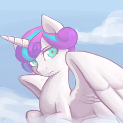 Size: 2000x2000 | Tagged: safe, artist:elzielai, princess flurry heart, alicorn, pony, g4, season 6, cloud, female, high res, looking at you, older, older flurry heart, on a cloud, solo, spread wings, unamused, wings