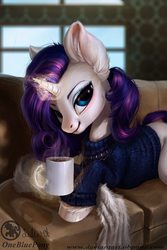 Size: 1000x1500 | Tagged: safe, artist:lulemt, rarity, pony, unicorn, g4, clothes, couch, detailed, ear fluff, eyeshadow, female, fluffy, looking at you, magic, makeup, mare, mug, painting, prone, smiling, solo, sweater, telekinesis
