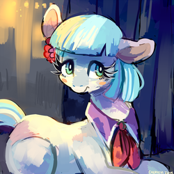 Size: 1200x1200 | Tagged: safe, artist:cherivinca, coco pommel, g4, female, prone, solo