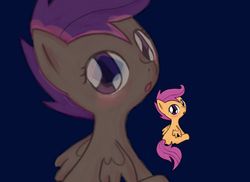 Size: 2338x1700 | Tagged: safe, artist:tasoganedude, scootaloo, pegasus, pony, g4, :o, blank flank, blue background, blushing, cute, cutealoo, female, filly, foal, looking back, open mouth, simple background, sitting, solo, zoom layer