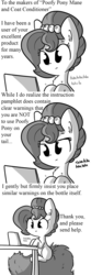 Size: 792x2376 | Tagged: safe, artist:tjpones, oc, oc only, oc:brownie bun, earth pony, pony, horse wife, cheek fluff, chest fluff, comic, computer, conditioner, dialogue, ear fluff, fluffy, fluffy tail, grayscale, impossibly large tail, laptop computer, mane conditioner, monochrome, simple background, sitting, solo, text, typing, white background, writing