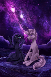 Size: 943x1420 | Tagged: safe, artist:cyanocitta, artist:jitterbugjive, oc, oc only, oc:mythos gray, oc:star dream, pegasus, pony, unicorn, aside glance, collaboration, commission, date, eyes on the prize, female, green eyes, greystar, holding hooves, listening, looking up, male, mare, night, oc x oc, purple eyes, romantic, scenery, scenery porn, shipping, side by side, smiling, stallion, stargazing, starry night, stars, straight, tragic in hindsight