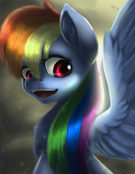 Size: 2717x3508 | Tagged: safe, artist:ninatvpk, rainbow dash, g4, female, high res, looking at you, open mouth, portrait, sitting, smiling, solo, spread wings