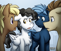 Size: 1032x864 | Tagged: safe, artist:bcpony, coco crusoe, crescent pony, mane moon, mercury, star hunter, starry eyes (g4), earth pony, pegasus, pony, g4, floppy ears, group, male, quartet, stallion