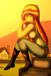 Size: 2100x3100 | Tagged: safe, artist:tyron91, sunset shimmer, equestria girls, g4, boots, breasts, busty sunset shimmer, female, high res, lens flare, looking at you, sideboob, sitting, solo, sunset