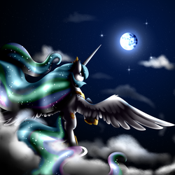 Size: 5000x5000 | Tagged: safe, artist:emalajiss36, princess celestia, g4, absurd resolution, female, flying, mare in the moon, moon, night, solo, stars