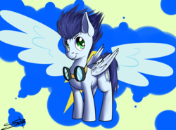 Size: 1280x949 | Tagged: safe, artist:snailureart, soarin', pegasus, pony, g4, backwards cutie mark, goggles, male, solo, stallion