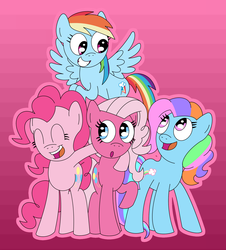 Size: 1935x2136 | Tagged: safe, artist:airedaledogz, pinkie pie, pinkie pie (g3), rainbow dash, rainbow dash (g3), earth pony, pegasus, pony, g3, g4, :o, abstract background, confused, duo, eyes closed, female, flying, g3 to g4, generation leap, generational ponidox, grin, hoof around neck, mare, open mouth, open smile, rainbow dash always dresses in style, raised hoof, smiling