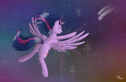 Size: 2000x1300 | Tagged: safe, artist:spirit-dude, twilight sparkle, alicorn, pony, g4, butt, female, floating, mare, plot, shooting star, solo, space, stars, twilight sparkle (alicorn)