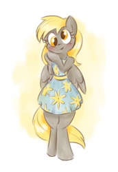 Size: 1280x1863 | Tagged: safe, artist:dreamofserenityartz, derpy hooves, pony, g4, bipedal, blushing, clothes, cute, dress, female, looking at you, smiling, solo