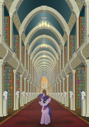 Size: 1888x2704 | Tagged: safe, artist:icaron, twilight sparkle, pony, unicorn, g4, awe, banner, book, bust, carpet, female, jewelry, library, plinth, red carpet, regalia, show accurate, solo, the promised land, unicorn twilight, wide eyes