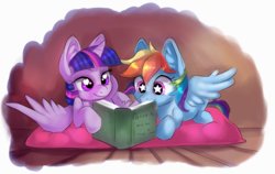 Size: 4137x2611 | Tagged: safe, artist:everlastingderp, rainbow dash, twilight sparkle, alicorn, pegasus, pony, g4, bedroom eyes, book, duo, duo female, ear fluff, female, heart, heart eyes, lesbian, lying down, mare, pillow, prone, reading, ship:twidash, shipping, smiling, spread wings, starry eyes, twilight sparkle (alicorn), wingding eyes, wings