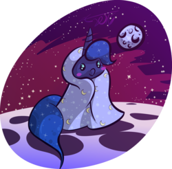 Size: 2057x2020 | Tagged: safe, artist:liracrown, princess luna, g4, blanket, blush sticker, blushing, chibi, cute, female, high res, lunabetes, moon, night, smiling, solo, stars, when you see it