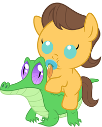 Size: 786x977 | Tagged: safe, artist:red4567, caramel, gummy, pony, g4, baby, baby pony, carabetes, caramel riding gummy, cute, pacifier, ponies riding gators, recolor, riding