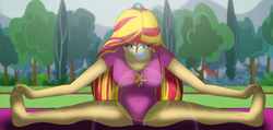 Size: 5240x2493 | Tagged: safe, artist:tyron91, sunset shimmer, equestria girls, g4, abs, barefoot, breasts, busty sunset shimmer, cleavage, feet, female, fitness, lens flare, leotard, looking at you, solo, splits, stretching, thunder thighs, yoga mat