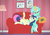 Size: 2077x1457 | Tagged: safe, artist:manual-monaro, bon bon, lyra heartstrings, lyrica lilac, sweetie drops, twilight sparkle, alicorn, pony, g4, bon bon is amused, controller, couch, cuddling, female, floppy ears, lamp, lesbian, looking at you, magic, mare, picture frame, ship:lyrabon, shipping, snuggling, steam controller, telekinesis, tongue out, twilight sparkle (alicorn)