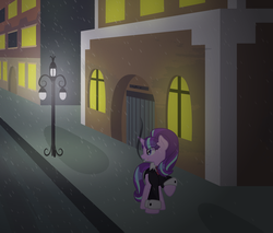 Size: 2600x2212 | Tagged: safe, artist:discorded-joker, starlight glimmer, g4, cigarette, cloth, clothes, female, high res, necktie, night, outdoors, rain, raised hoof, s5 starlight, smoking, solo, street, suit