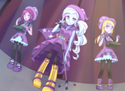 Size: 1100x800 | Tagged: safe, artist:kona1025, fuchsia blush, lavender lace, trixie, equestria girls, g4, my little pony equestria girls: rainbow rocks, female, microphone, pixiv, rainbow rocks outfit, stage, trixie and the illusions