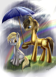 Size: 950x1300 | Tagged: safe, artist:aquagalaxy, derpy hooves, doctor whooves, time turner, pegasus, pony, g4, crying, female, male, mare, rain, rainbow, ship:doctorderpy, shipping, straight, umbrella