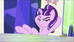 Size: 1136x640 | Tagged: safe, screencap, starlight glimmer, g4, season 5, the cutie re-mark, crossed legs, discovery family logo, evil grin, female, friendship throne, hooves behind head, hooves on the table, looking at you, raised eyebrow, s5 starlight, smiling, smirk, smug, smuglight glimmer, solo, underhoof, welcome home twilight