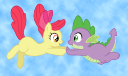 Size: 2128x1268 | Tagged: safe, artist:ludiculouspegasus, apple bloom, spike, dragon, earth pony, pony, g4, falling, female, hair bun, holding hands, interspecies, looking at each other, looking at someone, male, ship:spikebloom, shipping, sky, straight, tail, windswept mane, windswept tail
