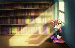 Size: 3668x2353 | Tagged: safe, artist:flamevulture17, moondancer, g4, book, bookshelf, clothes, female, glasses, high res, light, shadow, sitting, solo, sweater, window