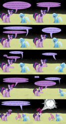 Size: 2400x4500 | Tagged: safe, artist:evil-dec0y, trixie, twilight sparkle, alicorn, pony, comic:trixie vs., g4, comic, female, filly, glowing eyes, magic, mare, moon, twilight sparkle (alicorn)