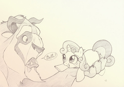 Size: 890x622 | Tagged: safe, artist:sherwoodwhisper, sweetie belle, g4, beauty and the beast, crossover, cute, diasweetes, monochrome, pun, the beast, traditional art