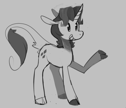 Size: 1036x885 | Tagged: safe, artist:enma-darei, rarity, classical unicorn, g4, cloven hooves, elusive, horn, leonine tail, monochrome, rule 63, sketch, solo