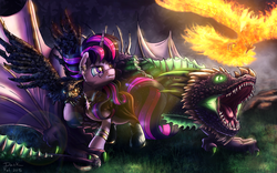 Size: 4000x2500 | Tagged: safe, artist:skodadav, owlowiscious, peewee, spike, twilight sparkle, dragon, phoenix, pony, g4, adult spike, badass, epic, female, fire, forest, hairstyle, mare, night, older, resistance, trio, winged spike, wings