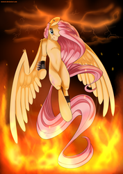 Size: 1024x1448 | Tagged: safe, artist:neoncel, fluttershy, g4, female, fire, flying, lightning, looking at you, metal, solo