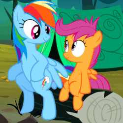 Size: 411x411 | Tagged: safe, screencap, rainbow dash, scootaloo, pegasus, pony, g4, sleepless in ponyville, animated, blinking, cropped, duo, female, filly, foal, gif, looking at each other, looking at someone, loop, mare, sitting