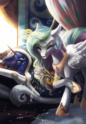 Size: 2067x2953 | Tagged: safe, artist:locksto, princess celestia, princess luna, g4, bed, bedroom, bedsheets, carpet, flower, hay fever, high res, levitation, magic, sneezing, telekinesis