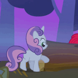 Size: 375x375 | Tagged: safe, screencap, apple bloom, sweetie belle, earth pony, pony, unicorn, g4, sleepless in ponyville, animated, butt, cute, diasweetes, female, log, plot, sitting, smiling, solo focus, sweetie butt