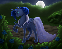 Size: 934x747 | Tagged: safe, artist:comsing8, princess luna, g4, clothes, dress, female, flower, moon, raised hoof, solo