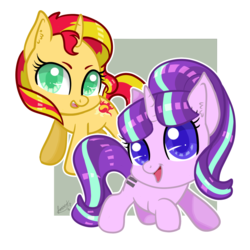 Size: 1024x1024 | Tagged: safe, artist:lokkyta, starlight glimmer, sunset shimmer, pony, unicorn, g4, cute, equal cutie mark, female, glimmerbetes, looking at you, mare, open mouth, raised hoof, shimmerbetes, simple background, smiling, transparent background, twilight's counterparts