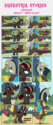 Size: 1919x4480 | Tagged: safe, artist:estories, discord, oc, oc:squeaky pitch, draconequus, earth pony, pony, comic:find yourself, g4, comic