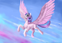 Size: 3508x2480 | Tagged: safe, artist:soirema-pl, princess flurry heart, g4, season 6, female, flying, high res, older, sky, solo, spread wings