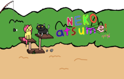 Size: 1280x817 | Tagged: safe, artist:the claud, fluttershy, ambiguous species, cat, g4, behaving like a cat, bush, camera, crossover, cute, fishing rod, implied mind control, neko atsume, pun, scratches, socks (cat), style emulation