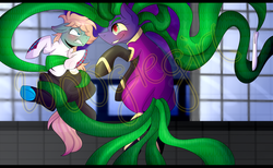 Size: 2600x1600 | Tagged: safe, artist:woogiegirl, mane-iac, g4, crossover, digital art, gwen stacy, hair, hair tentacles, male, ponified, spider-gwen, spider-man, tangled up, watermark