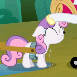 Size: 389x389 | Tagged: safe, screencap, rarity, sweetie belle, pony, unicorn, g4, sleepless in ponyville, animated, cart, cropped, cute, diasweetes, eyes closed, female, filly, floppy ears, hooves, mare, offscreen character, petting, smiling, solo focus, sweat, sweatie belle